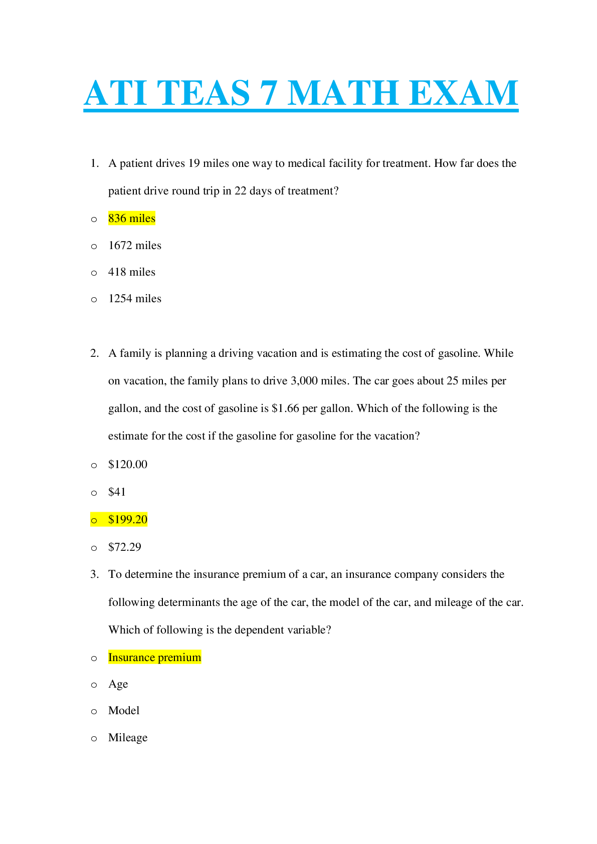 ATI TEAS 7 Math Practice Test 2022 (With Complete Solutions) Browsegrades
